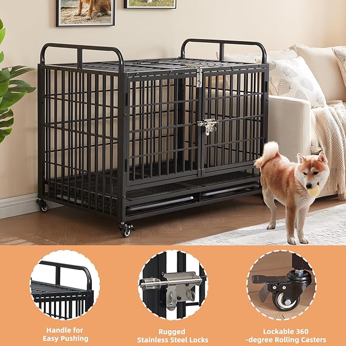 Lauren&Harold 42 Inch Heavy Duty Dog Crate Furniture for Medium/Large Dogs, Metal Dog Kennel Indoor with Top Door&Feed Door, Medium Dog Cage with Removable Tray&Wheels, Furniture Dog crates Pet House