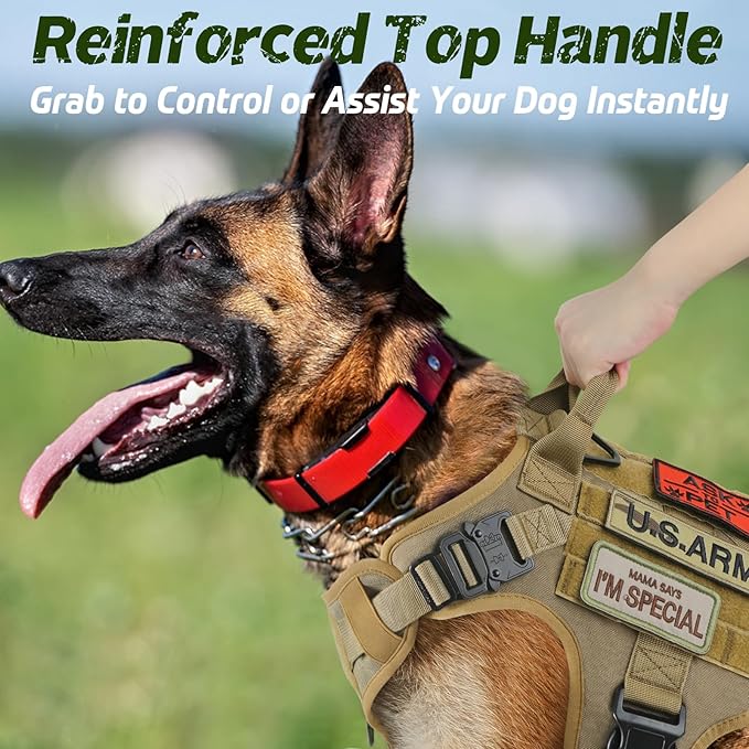 rabbitgoo Tactical Dog Harness for Large Dogs, Heavy Duty Dog Harness with Handle, No-Pull Service Dog Vest Large Breed, Adjustable Military Dog Vest Harness for Training Hunting Walking, Brown, S