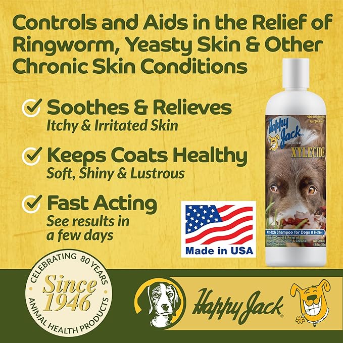 Happy Jack Xylecide, Itch Relief Shampoo for Dogs, Control Ringworms, Itchy Skin Treatment for Hot Spots, Seborrheic Dermatitis, Dandruff, Psoriasis, Eczema, Kennel Itch (12 oz)