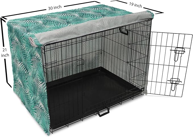 Lunarable Leaf Dog Crate Cover, Fresh Tropical Exotic Island Palm Tree Leaves in Jungle Abstract Watercolor, Easy to Use Pet Kennel Cover for Cats & Medium Dogs, 30 Inch, Pale Blue and Green