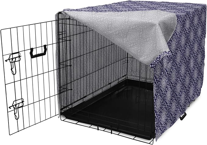 Lunarable Royal Blue Dog Crate Cover, Antique Moroccan Style Exotic Orient Inspired Ceramic Pattern Print Art, Easy to Use Pet Kennel Cover for Medium Large Dogs, 18 Inch, Indigo and White