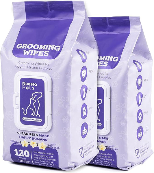 Pet Wipes for Dogs & Cat Wipes XL & Thick Deodorizing Dog Wipes for Paws and Butt Cleaning (2 Packs of 120, Lavender Vanilla)