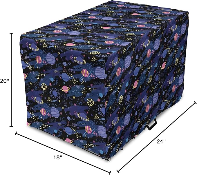 Ambesonne Galaxy Dog Crate Cover, Outer Space Planets Cosmic Journey Milky Way Zodiac Moon Doodle, Easy to Use Pet Kennel Cover for Cats & Medium Dogs, 24 Inch, Blue Pink