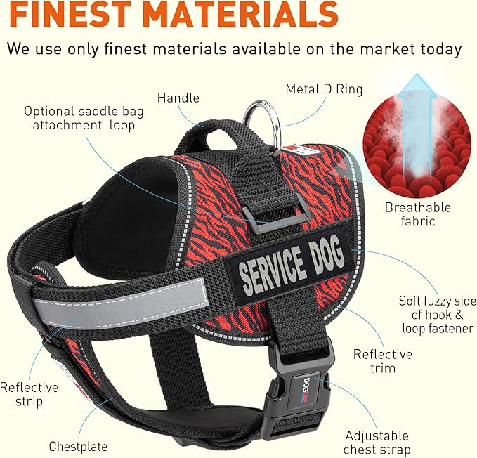 Dogline Unimax Dog Harness Vest with Service Dog Patches Reflective No-Pull, Adjustable Straps, Breathable Neoprene for Medical, Service, Identification and Training Dogs Girth 22 to 30" Zebra Red