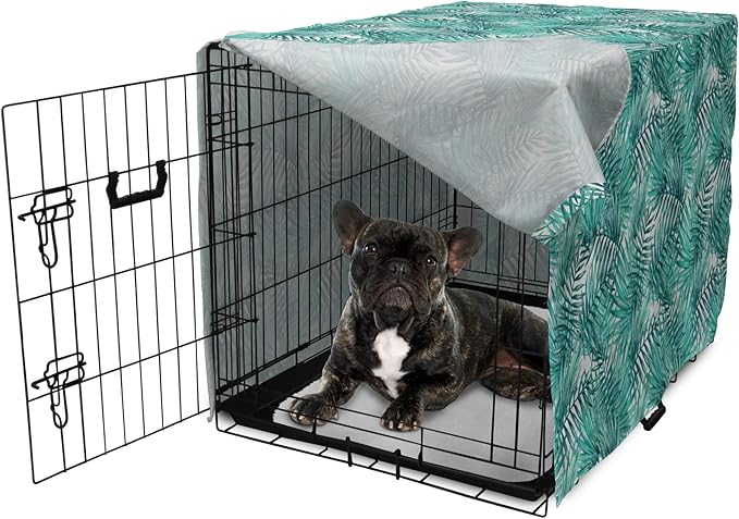 Lunarable Leaf Dog Crate Cover, Fresh Tropical Exotic Island Palm Tree Leaves in Jungle Abstract Watercolor, Easy to Use Pet Kennel Cover for Cats & Medium Dogs, 24 Inch, Pale Blue and Green