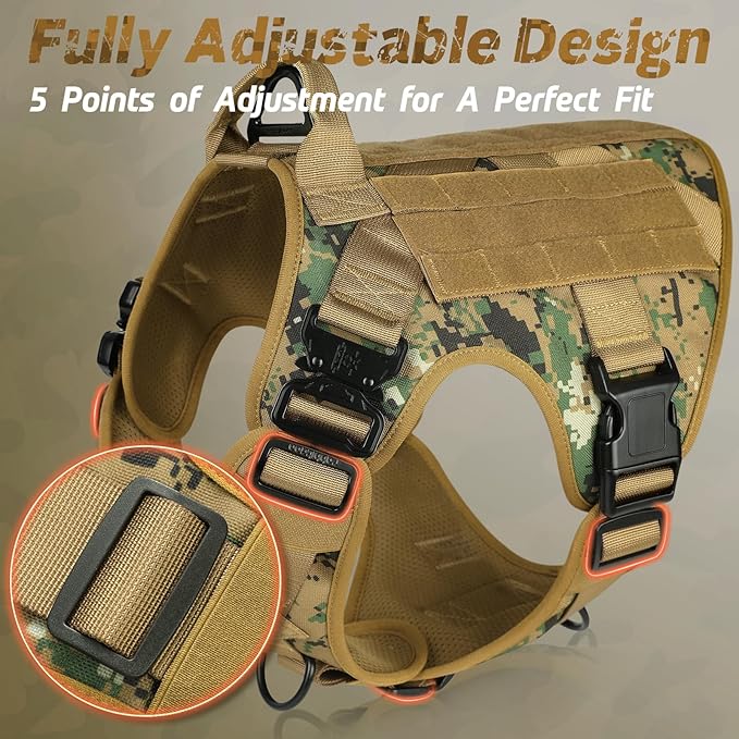 rabbitgoo Tactical Dog Harness for Large Dogs, Heavy Duty Dog Harness with Handle, No-Pull Service Dog Large Breed, Adjustable Military Dog Vest Harness for Training Hunting Walking, Brown Camo, S