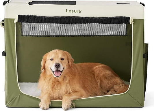Lesure Collapsible Travel Dog Crate for Small Dogs, Portable Soft Dog Crate for Outdoor & Indoor, Folding Fabric Dog Kennel with Handle, 42 Inch Heavy Duty Pet Carrier (Green)