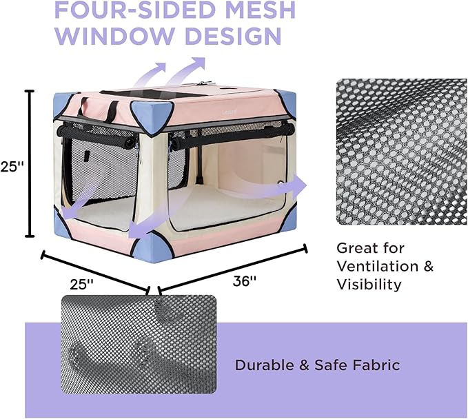 Lesure Soft Collapsible Dog Crate - 36 Inch Portable Travel Crate for Large Dogs Indoor & Outdoor, 4-Door Foldable Pet Kennel with Durable Mesh Windows, Pink