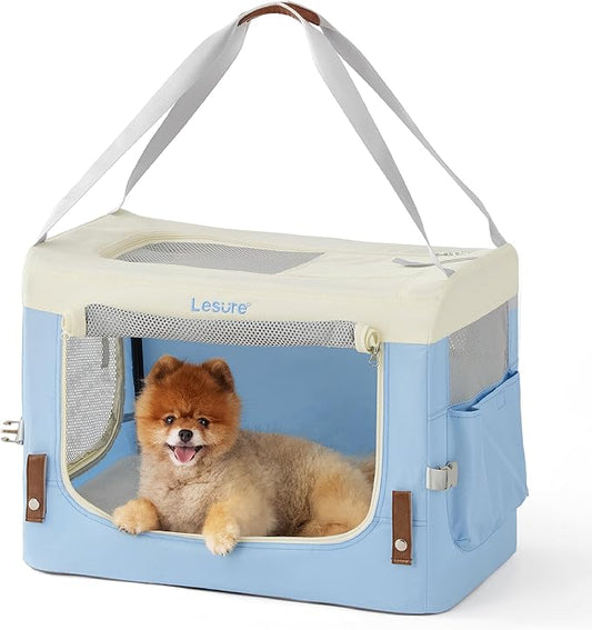 Lesure Collapsible Travel Dog Crate for Small Dogs, Portable Soft Dog Crate for Outdoor & Indoor, Folding Fabric Dog Kennel with Handle, 24 Inch Heavy Duty Pet Carrier (Blue)