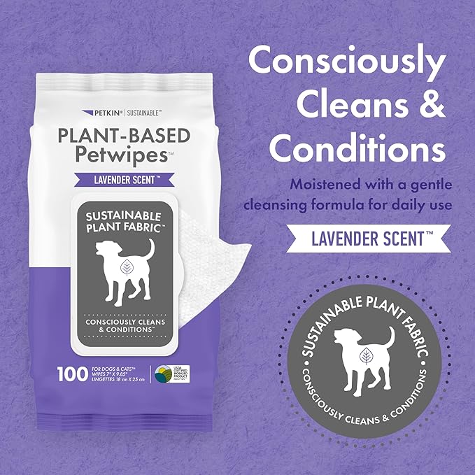 Petkin Plant-Based PetWipes, 100 Wipes, 2 Pack - Biobased, Sustainable, Big & Thick Pet Wipes for Dogs & Cats - for Face, Paws, Ears, Body & Eye Area - Consciously Cleans & Conditions - Lavender