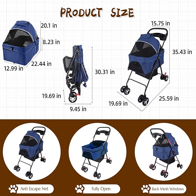 3 in 1 Dog Stroller, 4 Wheels Pet Stroller Dog Cat Stroller for Medium Small Dog Cats Up to 50lbs, Foldable Carrier Jogger Travel Puppy Stroller with Cup Holder & Breathable Mesh, Blue