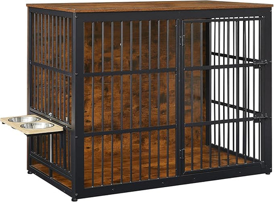 Dog Crate Furniture, 48 Inch Dog Kennel Furniture, Wooden Dog Crate Furniture Large Breed with Rotating Bowls, Heavy Duty Dogs Cage Furniture Indoor, Decorative Crates End Table, Brown
