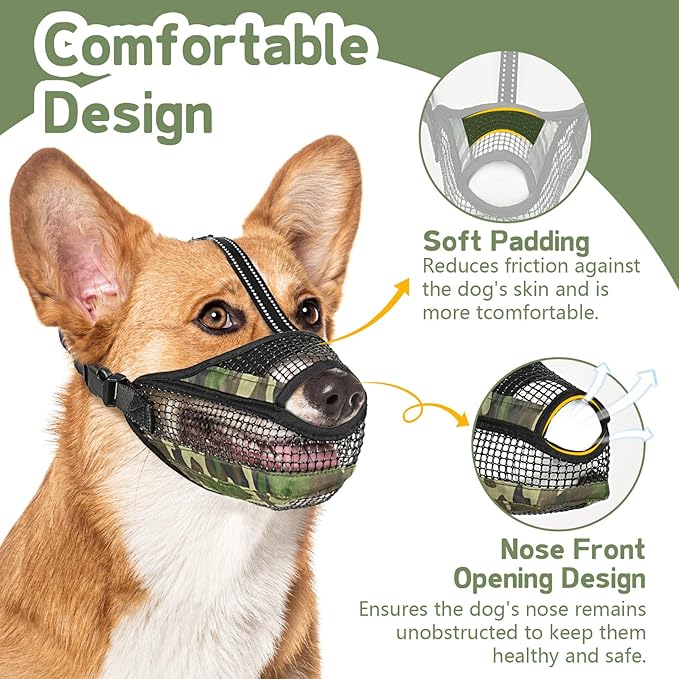 Dog Muzzle for Large Medium Small Dogs, Soft Mesh Muzzle for Dogs with Reflective Adjustable Strap, Prevent Biting Chewing and Licking, Dog Nose Open Design for Reduction Friction (Camo, S)