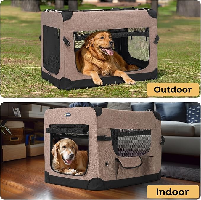 Veehoo 30 inch Folding Soft Dog Crate, 4-Door Portable Collapsible Pet Kennel Travel Dog Crate for Medium Dogs, 5 x Durable Mesh Screen, 600D Oxford Fabric, Indoor & Outdoor Use, Brown, CWB2428CP