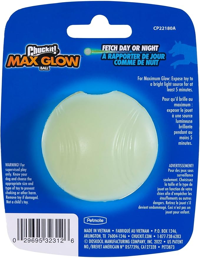 Chuckit! Max Glow Ball Dog Toy, Small (2 Inch Diameter) for dogs 0-20 lbs, Pack of 1