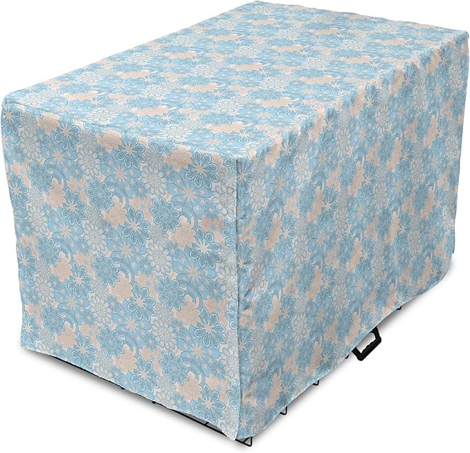 Lunarable Yellow and Blue Dog Crate Cover, Gentle Spring Inspired Flourish Motifs Feminine Bouquet, Easy to Use Pet Kennel Cover for Cats & Medium Dogs, 30 Inch, Blue Grey