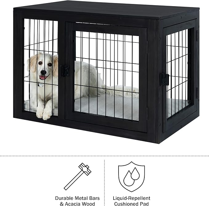 Furniture-Style Dog Crate - Acacia Wood Kennel for Medium Dogs with Double Doors and Cushion - Dog Cage Furniture by PETMAKER (Black)