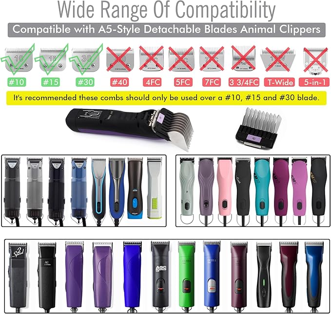 Professional A5 Style Animal Clipper Stainless Steel Color-Coded Snap-on Attachment Guard Guide Comb, 1/8"-1" Compatible with Wahl KM Series Oster A5 Andis Detachable Blade Pet Groomers (#8 - 1")