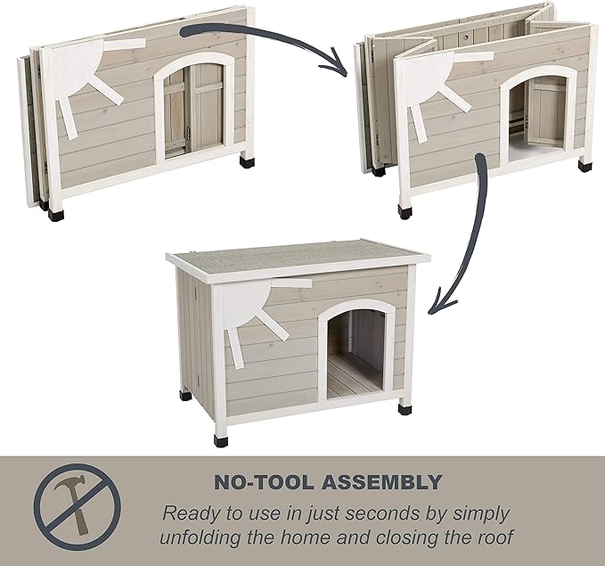 MidWest Homes for Pets Eilio Folding Outdoor Wood Dog House, No Tools Required for Assembly | Dog House Ideal for Small Dog Breeds, Beige (12EWDH-S)
