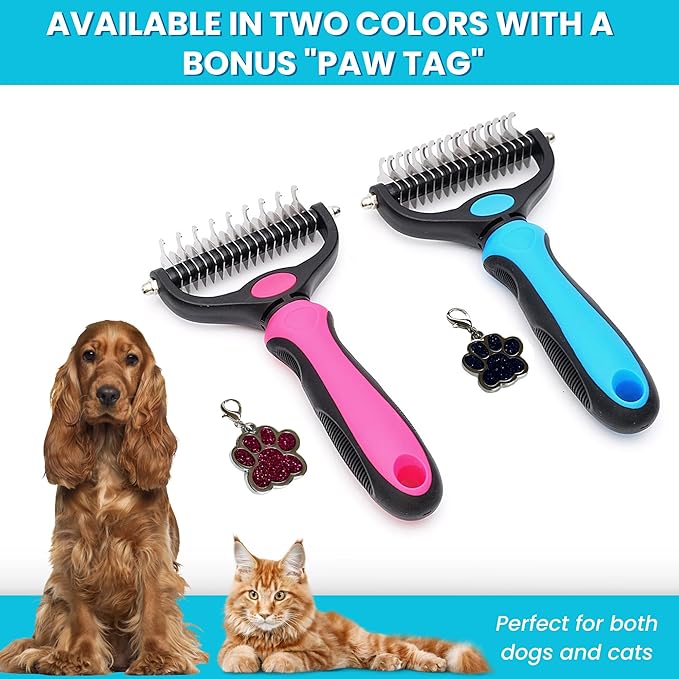 Pet Comb Stainless Steel Double-Sided Shedding Dematting Cat Dog Rake Pet Brush With Stainless Steel Dog Tag,Paw Pet Stainless (BLUE)