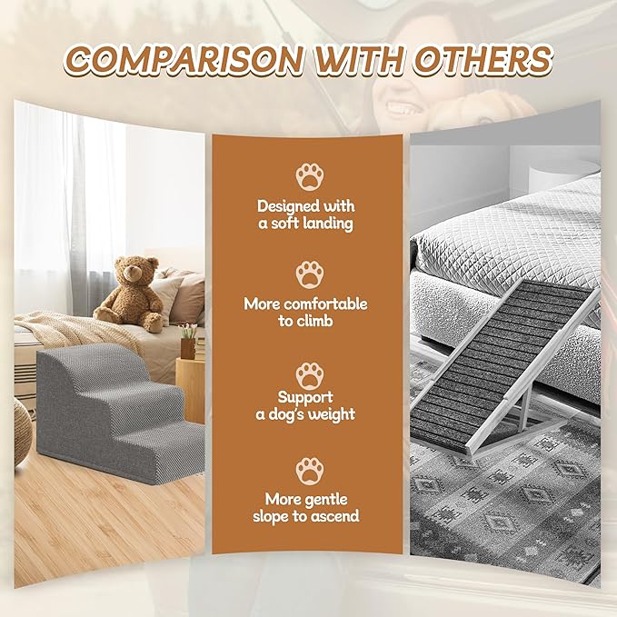 Dog Stairs, Romrol High Density Foam Dog Steps for High Bed and Couch, Dog Ramp, Pet Stairs for Small Dogs and Cats or Pets Joints, 3-Step