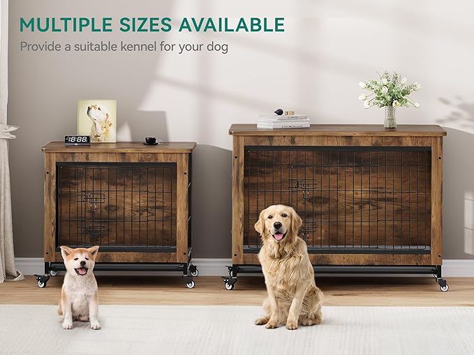 YITAHOME YITAHOME Dog Kennel Furniture with Wheels, Wooden Dog Crate Furniture with Cushion, Dog Crate End Table with Tray, 38" Dog Cage with Double Doors for Small/Medium Dog (Rustic Brown)
