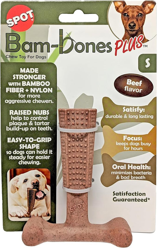 SPOT Bam-Bones Plus T Bone - Bamboo Fiber & Nylon, Durable Long Lasting Dog Chew for Aggressive Chewers – Great Toy for Adult Dogs & Teething Puppies Under 30lbs, Non-Splintering, 4in, Beef Flavor