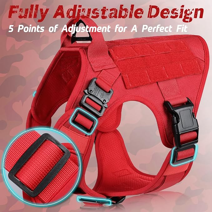 rabbitgoo Tactical Dog Harness for Large Dogs, Heavy Duty Dog Harness with Handle, No-Pull Service Dog Vest Large Breed, Adjustable Military Dog Vest Harness for Training Hunting Walking, Red, M