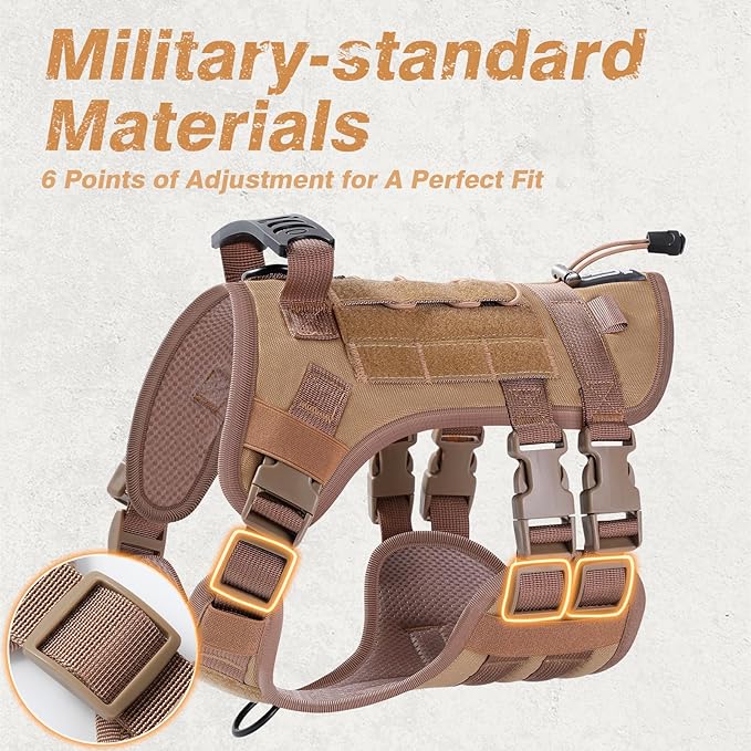 No Pull Tactical Dog Harness for Medium Dogs, Escape Proof Molle Dog Vest Harness and Leash Set, Adjustable Military Service Dog Harness with Handle for Medium Large Dogs(Brown,Medium)