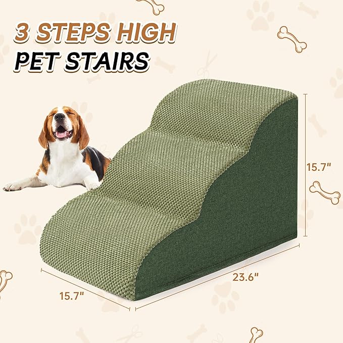 Romrol Dog Stairs Ramp for Beds Couches, Extra Wide Pet Steps with Durable Non-Slip Waterproof Fabric Cover, Pets Slope Stairs, 3-Tiers,Green