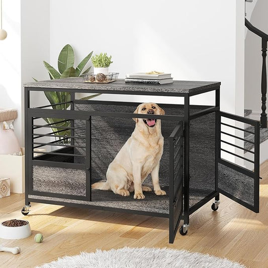 DWVO Dog Crate Furniture, 39.4 Inch Dog Kennel Indoor Furniture End Table Cage for Dogs, Modern Decorative Cage Wooden Dogs Crate Furniture with Wheels, Chew-Resistant, Dark Grey