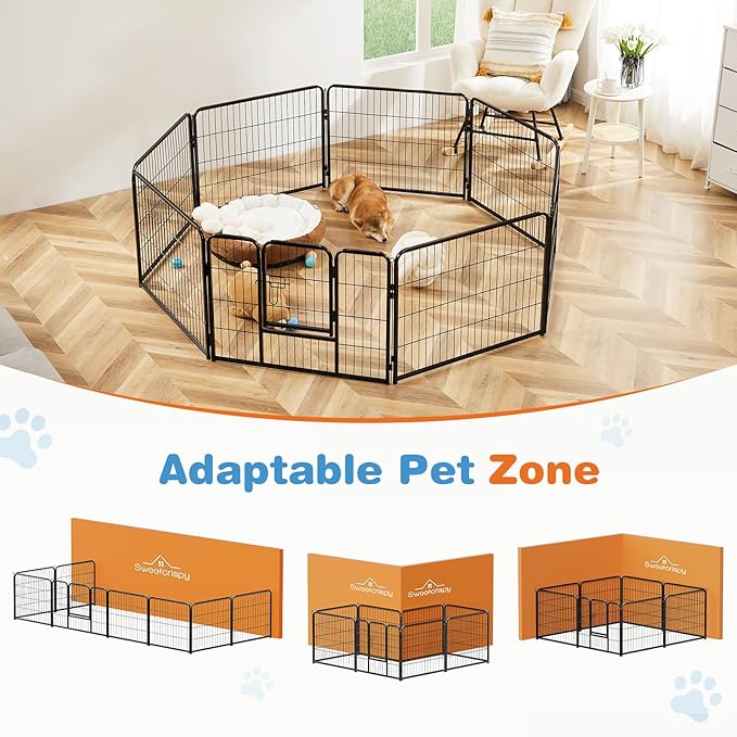 Sweetcrispy Dog Playpen Indoor - Puppy Fence Exercise Pen for Yard Gate 8 Panel 32” Height Playpens with Doors Heavy Duty Metal Dog Pen for Camping, RV, Outdoor, Small/Medium/Large Pets