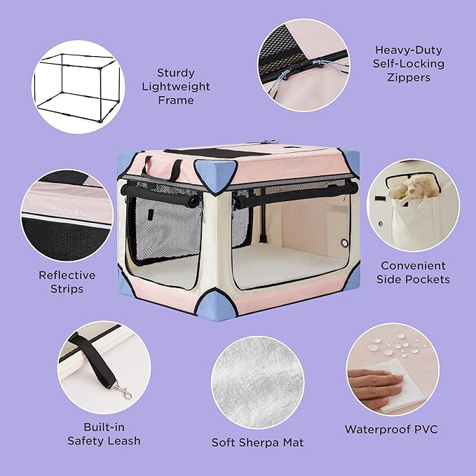 Lesure Soft Collapsible Dog Crate - 42 Inch Portable Travel Crate for Extra Large Dogs Indoor & Outdoor, 4-Door Foldable Pet Kennel with Durable Mesh Windows, Pink