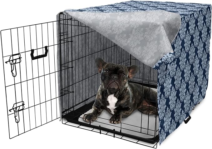 Lunarable Damask Blue Dog Crate Cover, Abstract Antique Royal Motif with Leaves and Swirls, Easy to Use Pet Kennel Cover for Cats & Medium Dogs, 24 Inch, Ceil Blue Violet Blue