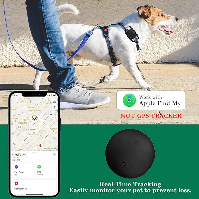Dog Tracker, Pet Location Tracker with Collar Holder for Dogs Smart Tracking Device, MFi Certified, No Subscription, Precise & Waterproof,iOS Only,Work with Apple Find My (Black)