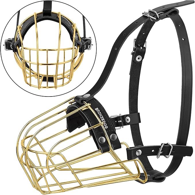 BRONZEDOG Pitbull Dog Muzzle Metal Mask Amstaff Wire Basket Pit Bull Adjustable Leather Straps for Large Dogs (Gold)