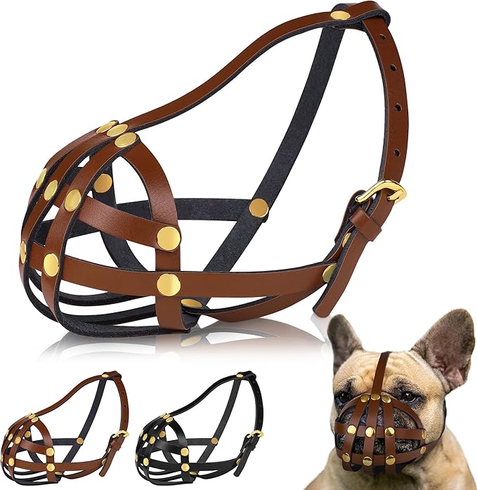 OOPSDOGGY French Bulldog Dog Muzzle for Short Snout Dog - Leather Breathable Secure Basket Muzzle for Frenchie Prevents Biting No Chewing Adjustable (Brown, Size 2 - French Bulldog)