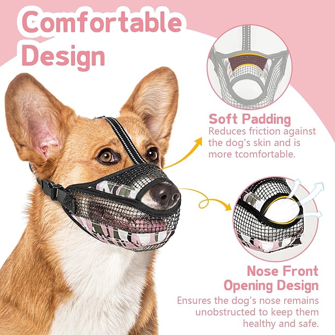 Dog Muzzle for Large Medium Small Dogs, Soft Mesh Muzzle for Dogs with Reflective Adjustable Strap, Prevent Biting Chewing and Licking, Dog Nose Open Design for Reduction Friction (Pink, L)