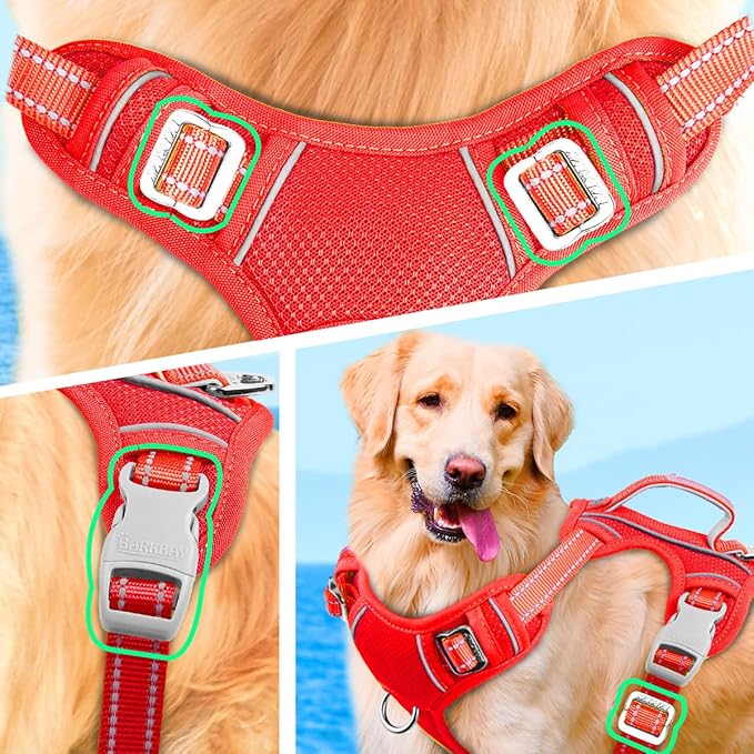 BARKBAY No Pull Dog Harness Large Reflective Dog Harness with Front Clip and Easy Control Handle for Walking Training Running with ID tag Pocket(Red,L)