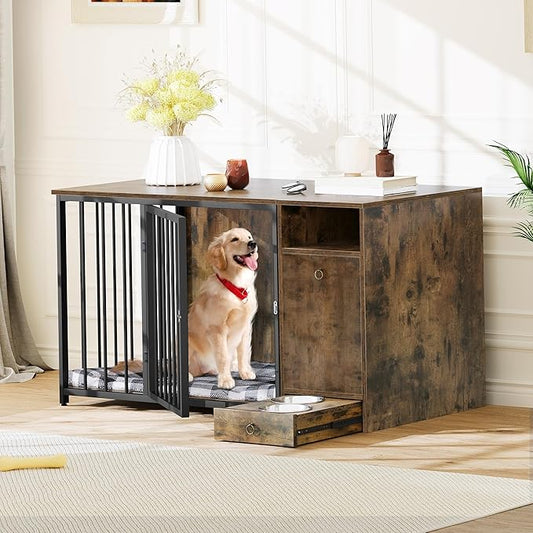 YITAHOME Dog Crate Furniture with Feeder Bowls, 55" Large Breed Dog Kennel with Storage Drawer, Heavy Duty Dog House TV Stand Indoor for Medium Dogs, Brown