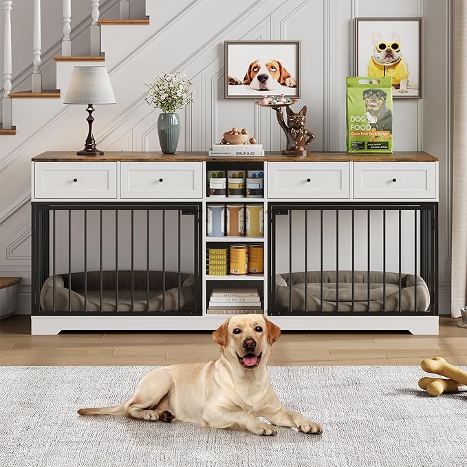 82” Double Dog Crate Furniture, Large Dog Kennel Indoor for 2 Dogs, Heavy Duty Wooden Dog Crate TV Stand with 4 Drawers and Shelves, White