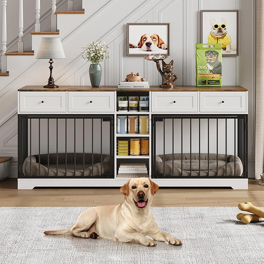 82” Double Dog Crate Furniture, Large Dog Kennel Indoor for 2 Dogs, Heavy Duty Wooden Dog Crate TV Stand with 4 Drawers and Shelves, White