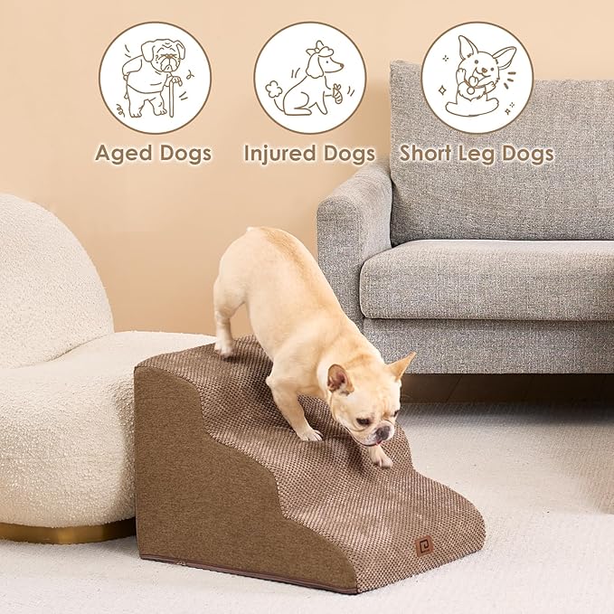 EHEYCIGA Curved Dog Stairs Ramp for Small Dogs 15.7" H, 3-Step Dog Steps for Couch Sofa and Chair, Pet Stairs for Cats, Non-Slip Balanced Pet Steps Indoor, Camel