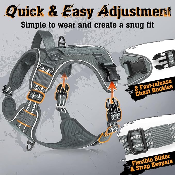 rabbitgoo Dog Harness Small Sized No Pull, Tactical Service Dog Vest with Molle and Control Handle, Adjustable and Reflective Military Pet Harness for Easy Walking and Training, Grey, S