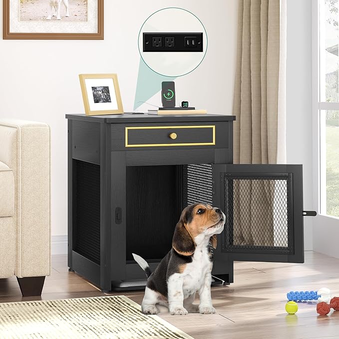 YITAHOME Dog Crate Furniture with Dual USB Charger, Wooden Dog Kennel End Table with Cushion Tray, Drawer for Small Dogs Under 25 lbs Indoor Use, Black