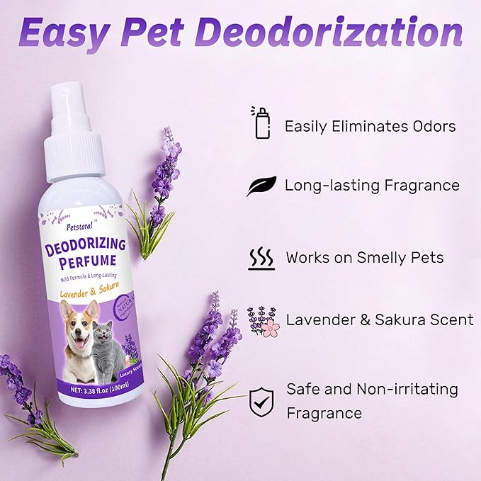 Deodorizing Perfume Spray for Pets, luxury Scent, Long-Lasting Fragrance, 3.38 Fl Oz. (Lavender & Sakaru)