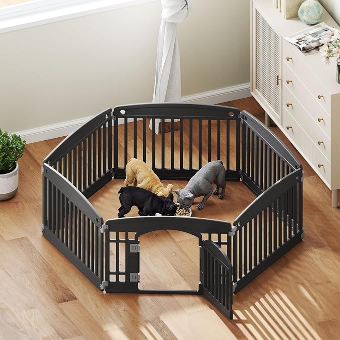 Plastic Dog Playpen | 6-Panel 24" Safe & Secure Indoor/Outdoor Pet Fence | Folding & Portable | 35 x 35 x 24IN, Ideal for Small to Medium Dogs | Easy to Clean (Black)