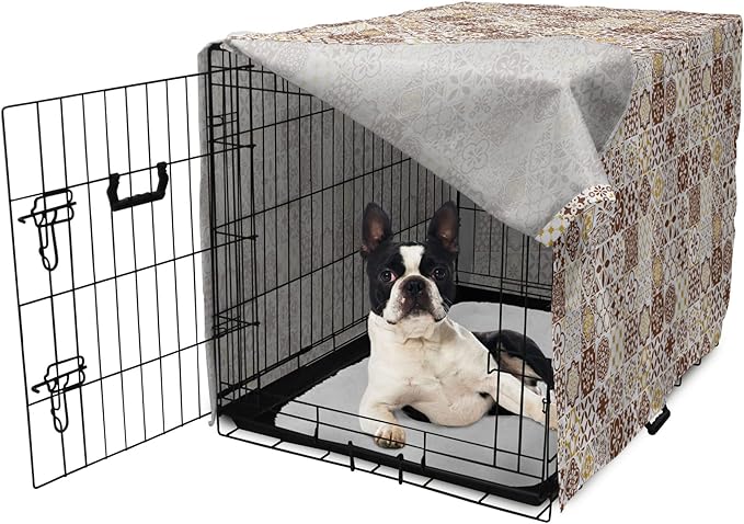 Lunarable Ethnic Dog Crate Cover, Portuguese Azulejo Mosaics with Floral Scrolls Retro Mediterranean, Easy to Use Pet Kennel Cover for Small Dogs Puppies Kittens, 22 Inch, Chocolate Earth Yellow