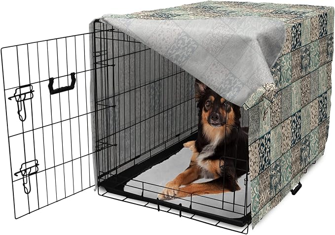 Lunarable Geometric Dog Crate Cover, Antique Mosaic with Victorian Garden Motifs Damask and Scroll Flower, Easy to Use Pet Kennel Cover for Medium Large Dogs, 36 Inch, Seafoam Brown Dark Blue