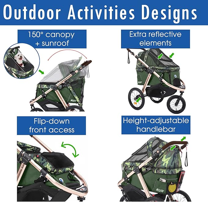 HPZ Pet Rover Run Performance Jogging Sports Stroller with Comfort Rubber Wheels/Zipper-Less Entry/1-Hand Quick Fold/Aluminum Frame for Small/Medium Dogs, Cats and Pets (Green Camo)